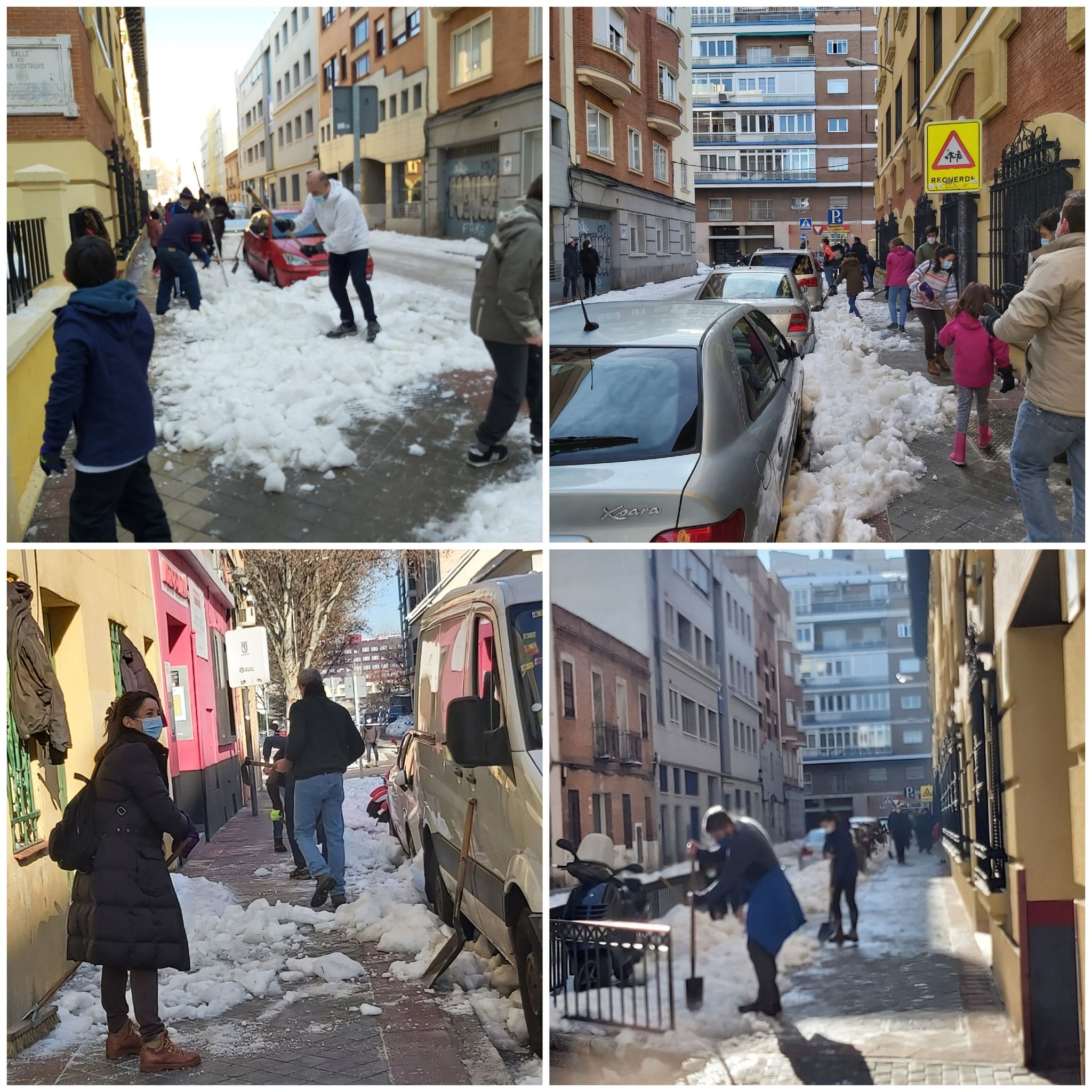 Padres, profesores y alumnos del Colegio Nuestra Señora del Buen Consejo de Madrid trabajaron juntos para retirar nieve de los accesos al centro.